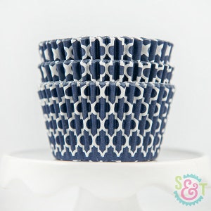 Quatrefoil Navy Cupcake Liners | Navy Quatrefoil Greaseproof Baking Cups - 36 count pack