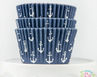 Anchor Navy Cupcake Liners | Navy Anchor Greaseproof Baking Cups - 36 count pack