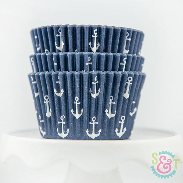 Anchor Navy Cupcake Liners | Navy Anchor Greaseproof Baking Cups - 36 count pack