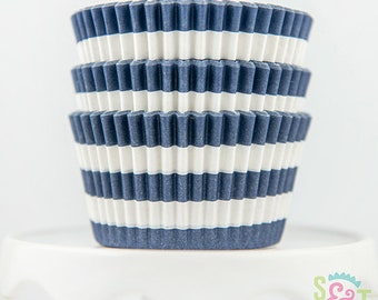 Rugby Stripe Navy Cupcake Liners | Navy Blue Stripe Greaseproof Baking Cups - 36 count pack