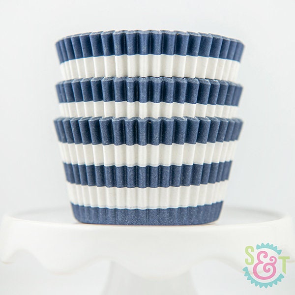 Rugby Stripe Navy Cupcake Liners | Navy Blue Stripe Greaseproof Baking Cups - 36 count pack