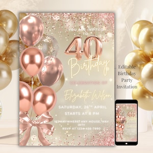 Invitación editable con globos de oro rosa para 40 cumpleaños, plantilla de Canva (descarga digital)