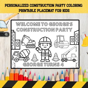 Op de afbeelding: Een zwart-wit kleurplaat met bouwvakthema voor kinderen. De placemat toont bouwmachines, een bouwvakker en de tekst "WELCOME TO GEORGE'S CONSTRUCTION PARTY" en "GEORGE TURNS 4".