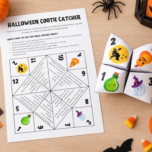 May include: A printable Halloween cootie catcher activity sheet with instructions and a folded paper fortune teller featuring illustrations of a witch, pumpkin, potion bottle, and ghost, numbered one through four on the outer flaps.