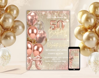 May include: A 50th birthday invitation with gold and rose gold balloons. The invitation features the text "You are invited to 50th Birthday Celebration of Elizabeth Wilson". A smartphone displays a matching invitation design.