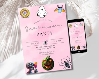 Summerween Party Editable Invitation, Canva Template, Digital Download, Printable Card, Halloween Party Invite