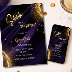 Surprise Birthday Invitation, Purple Gold Elegant Adult Party Invite (Digital Download)