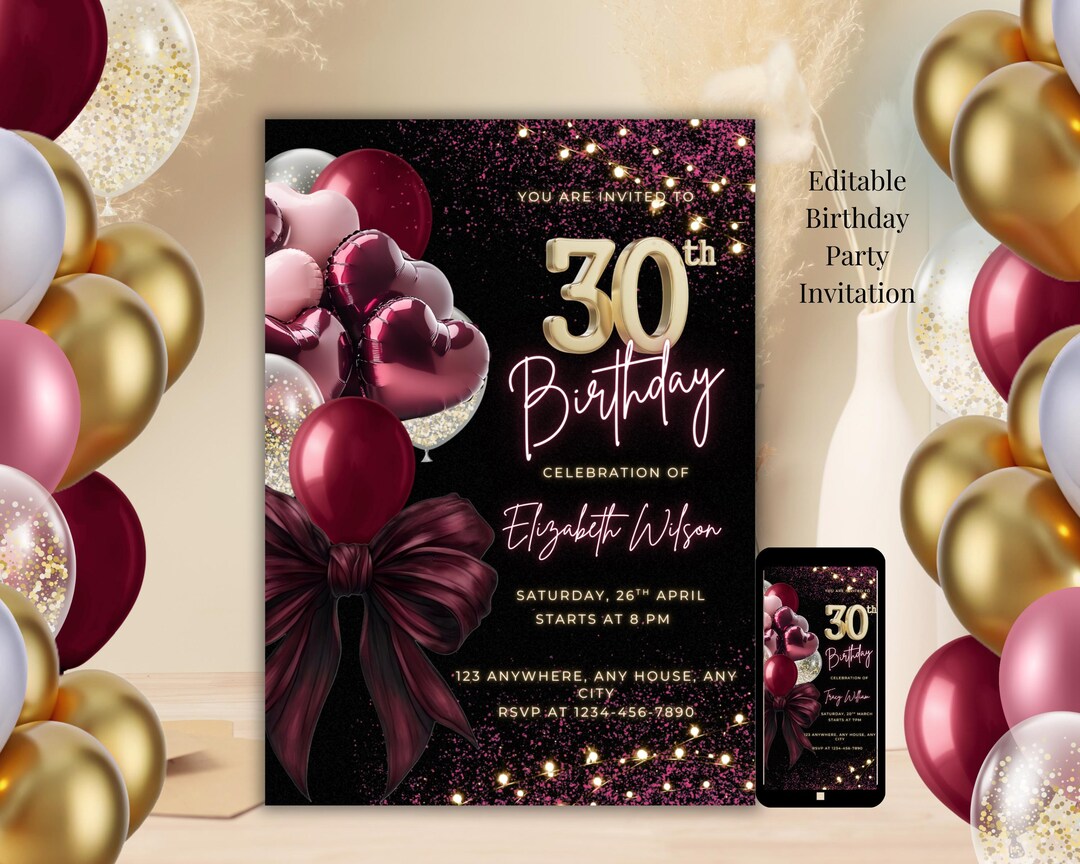 Editable 30th Birthday Invitation, Confetti Balloons, Canva Template ...