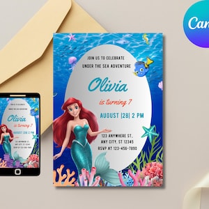 Little Mermaid Birthday Invite, Ariel Birthday Invite, Editable Birthday Invitation for girls printable and digital, Canva invite template
