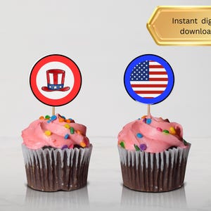 Independence Day Cupcake Toppers, 4th of July Cupcake Toppers, Memorial Day Printable, 9 Designs, Digital Download