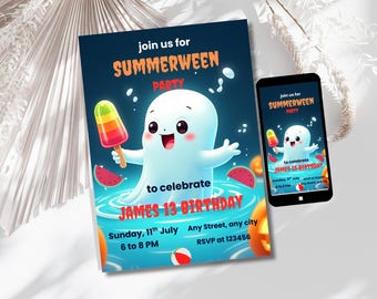 Summerween Party Invitation: Spooky Summer Birthday, Editable Canva Template (Digital Download)