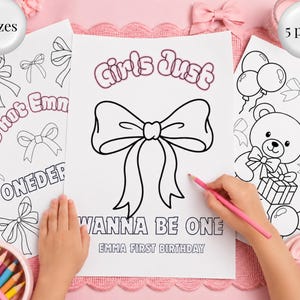 Bow Themed Girl's First Birthday Personalised Colouring Pages, Canva Template (Digital Download)