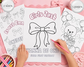 Bow Themed Girl's First Birthday Personalised Colouring Pages, Canva Template (Digital Download)