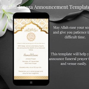 Op de afbeelding: Een digitale sjabloon voor een Janaza-aankondiging weergegeven op een smartphone. Het ontwerp heeft goud- en crèmekleuren met Arabische kalligrafie en Engelse tekst. De sjabloon bevat details voor een begrafenisgebed.