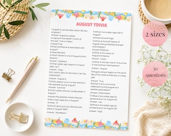 August Trivia Game, Summer Party Activity, Family Quiz (Instant Download)