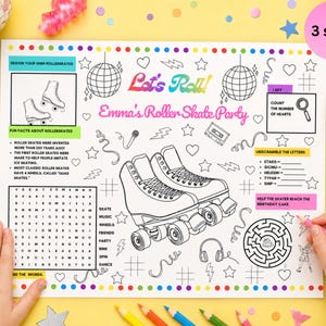 May include: A white activity placemat for a roller skate party featuring the text Let's Roll! and Emma's Roller Skate Party. The sheet includes line art of roller skates, disco balls, a word search, a maze, and unscramble the letters game.
