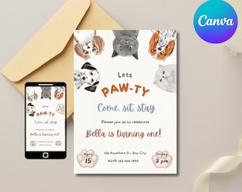 Pet Birthday Invitation: Editable Puppy or Kitten Party Invite Canva Template (Digital Download)