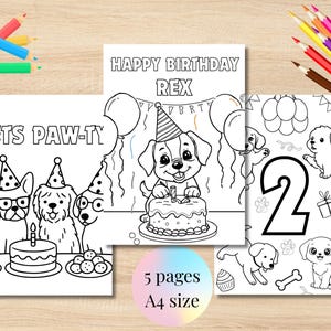 Op de afbeelding: Een set van vijf zwart-wit kleurplaten met een puppy verjaardagsthema. De pagina's bevatten de zinnen "Happy Birthday Rex" en "Lets Paw-ty", samen met afbeeldingen van puppy's, ballonnen en een verjaardagstaart. A4-formaat.