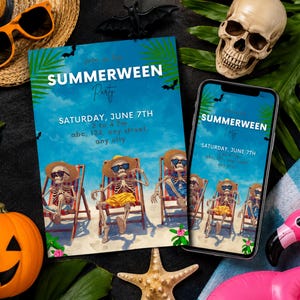 May include: A promotional flyer and smartphone screen displaying a "Summerween Party" invitation. The invitation features skeletons relaxing on a beach. The flyer includes the date, time, and location. Other items include a pumpkin, sunglasses, a flamingo, and a skull.
