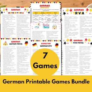 Pode incluir: Uma coleção de sete folhas de jogos e curiosidades imprimíveis com tema alemão, incluindo história, castelos, comida, contos de fadas e adivinhação de cidades, decoradas com detalhes em vermelho, amarelo, preto, estrelas e bandeiras.