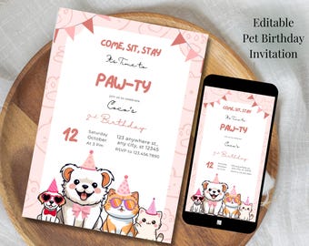 Pet Birthday Invitation: Paw-ty, Editable Template (PDF)