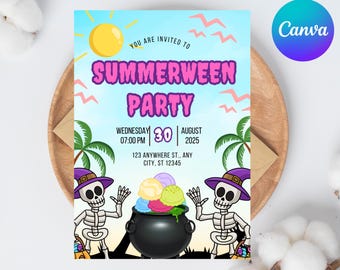 Bewerkbare Summerween-uitnodiging: Spooky Canva-sjabloon (digitale download)