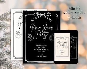 Editable Hand Drawn New Year Party Black and White Invitation, Canva Template (Digital Download)