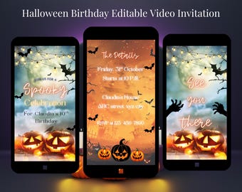 Gruselige Feier bearbeitbare Videoeinladung, Halloween-Geburtstag animierte Einladung, Canva-Vorlage