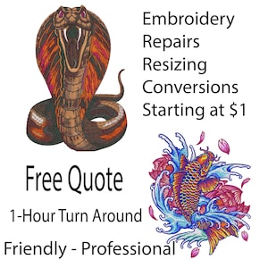 Puede incluir: Ilustración de una cobra detallada con la boca abierta, junto a un diseño de pez koi. El texto incluye "Bordado, Reparaciones, Redimensionamiento, Conversiones, Presupuesto gratuito, Entrega en 1 hora, Amable - Profesional."