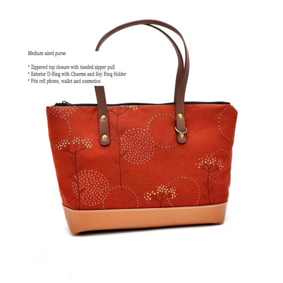 Floral Copper Faux Leather Canvas Designer Bag Purse Dual Handle Top Zipper Etsy Canada