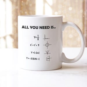 May include: White ceramic mug featuring the phrase "ALL YOU NEED IS.." alongside mathematical equations. The mug has a curved handle and is suitable for hot or cold drinks. A great gift for those interested in mathematics.