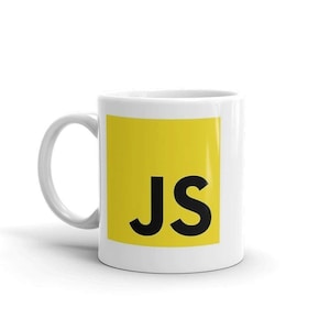 May include: White ceramic mug featuring a yellow square with the black letters "JS". The mug has a curved handle and is designed for hot drinks. The design is simple and modern, suitable for a programmer or web developer.