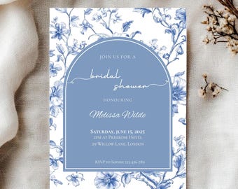 Blue Toile Bridal Shower Invitation Template: Something Blue Before I Do - Vintage Floral Design (Digital Download Invite)