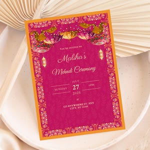 Pink Mehndi Invitation Template: Modern Henna Night, Umbrella Decor, Indian Wedding (Digital Download)
