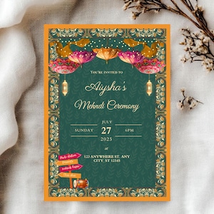 Mehndi Invitation Template – Colourful Modern Henna Night Invite | Umbrellas & Signpost – Editable Digital Download for Indian Wedding