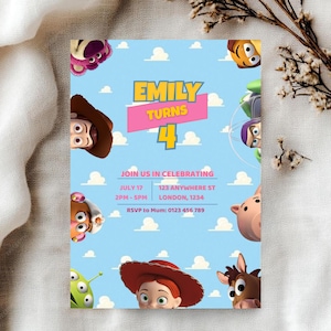 Pink Toy Story Birthday Invitation – Toy Story Girl Theme Party Invite, Woody, Jessie, Lotso Pop-Up Heads Editable Digital Template