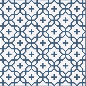 Puede incluir: Un patrón sin costuras con un diseño geométrico que presenta un patrón repetitivo de cruces azules y octógonos sobre un fondo blanco.