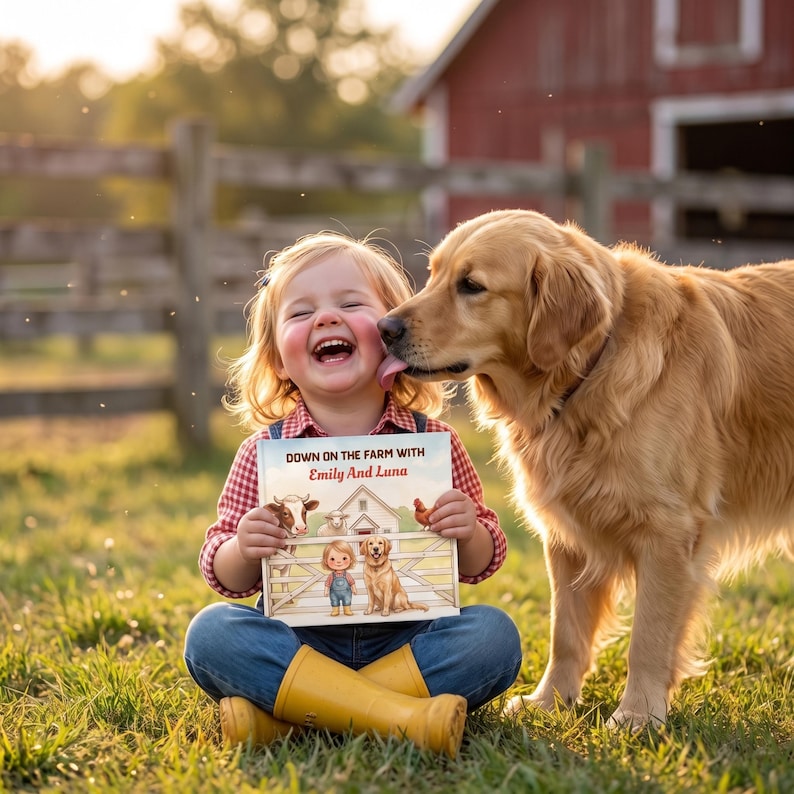 K&ouml;nnte beinhalten: Ein gebundenes Kinderbuch mit dem Titel Down on the Farm with Emily and Luna, das eine illustrierte Bauernhofszene mit Kuh, Schaf, Huhn, Kind und Hund zeigt, gehalten von einem lachenden Kind, w&auml;hrend ein Golden Retriever dessen Wange leckt.