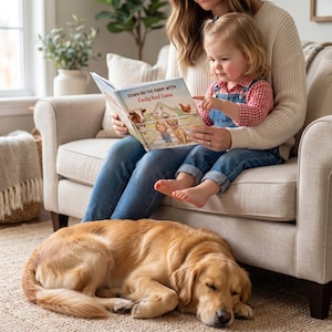 K&ouml;nnte beinhalten: Ein personalisiertes Kinderbuch mit dem Titel Down on the Farm with Emily and Luna, das eine illustrierte Bauernhofszene mit einer Kuh, einem Huhn, einem Hund und einem Kind zeigt. Das Buch ist aufgeschlagen und zeigt bunte Grafiken und Text.