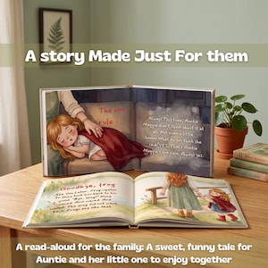 May include: Two open children's storybooks featuring colorful illustrations of a child with red hair and a woman. The pages contain printed text including phrases like The one rule and Goodbye, frog. The books are displayed on a wooden surface.