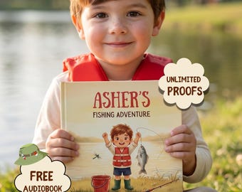 May include: A square hardcover book titled Asher's Fishing Adventure with a cover illustration of a child in a red life vest holding a fish. The book features text that reads Unlimited Proofs and Free Audiobook in cloud-shaped speech bubbles.