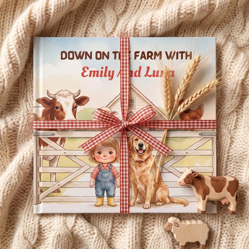 K&ouml;nnte beinhalten: Ein quadratisches Hardcover-Buch mit dem Titel Down on the Farm with Emily and Luna, das eine Cartoon-Illustration eines Kindes, eines Hundes und einer Kuh an einem Zaun zeigt. Das Buch ist mit einem rot-wei&szlig;en Vichy-Band und Weizen&auml;hren verziert.
