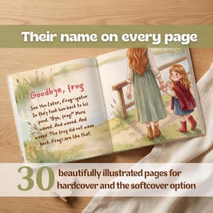 May include: An open children's book with watercolor illustrations showing a person and a child walking near a pond. The text reads: Goodbye, frog. See You Later, Frog-igator. So they took him back to his pond. Bye, frog! Nora waved.