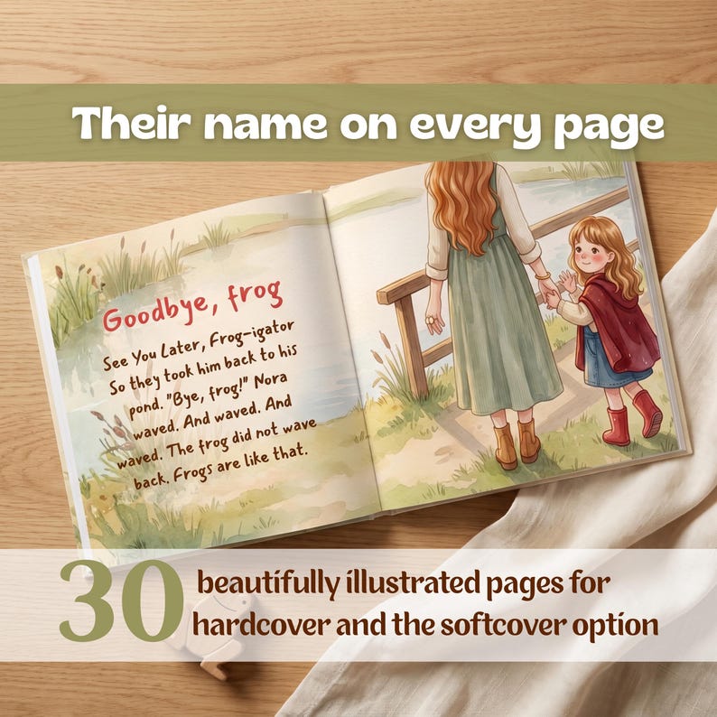 May include: An open children's book with watercolor illustrations showing a person and a child walking near a pond. The text reads: Goodbye, frog. See You Later, Frog-igator. So they took him back to his pond. Bye, frog! Nora waved.