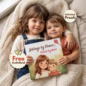 May include: A children's picture book titled Siblings by Chance, Friends by Heart featuring an illustration of a girl and boy on the cover. The book includes a red kite graphic and text labels for Free AudioBook and Unlimited Proofs.