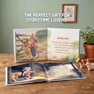 K&ouml;nnte beinhalten: Zwei aufgeschlagene Kinderb&uuml;cher mit Aquarellillustrationen eines kleinen Kindes und eines Golden Retrievers. Das obere Buch zeigt den Text Ready to Go? und das untere Buch den Text Emily Goes First! mit Szenen aus einer b&auml;uerlichen Umgebung.