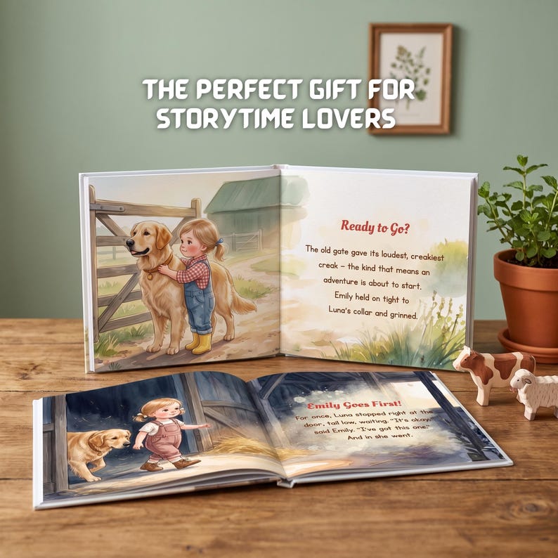 K&ouml;nnte beinhalten: Zwei aufgeschlagene Kinderb&uuml;cher mit Aquarellillustrationen eines kleinen Kindes und eines Golden Retrievers. Das obere Buch zeigt den Text Ready to Go? und das untere Buch den Text Emily Goes First! mit Szenen aus einer b&auml;uerlichen Umgebung.