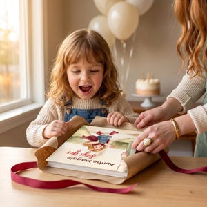 May include: A hardcover book titled Auntie Maggie Says Yes with a colorful illustration of a child running on the cover. The book is wrapped in brown paper with a dark red ribbon, resting on a wooden surface with a child and adult present.