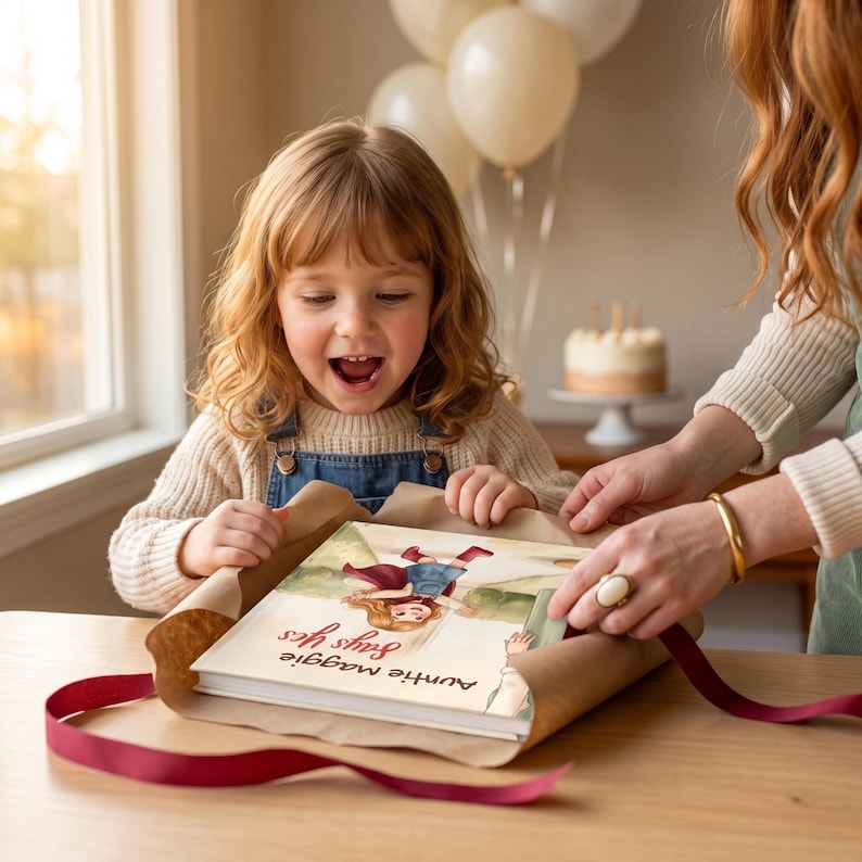 May include: A hardcover book titled Auntie Maggie Says Yes with a colorful illustration of a child running on the cover. The book is wrapped in brown paper with a dark red ribbon, resting on a wooden surface with a child and adult present.