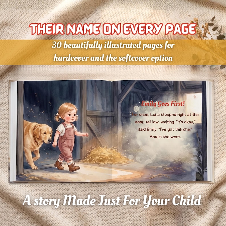 K&ouml;nnte beinhalten: Ein Kinderbuch, das auf einer Seite aufgeschlagen ist, die einen Golden Retriever und ein Kind in Latzhose zeigt, das eine Scheune betritt. Der Text lautet: THEIR NAME ON EVERY PAGE, 30 beautifully illustrated pages for hardcover and the softcover option, Emily Goes First!, A story Made Just For Your Child.